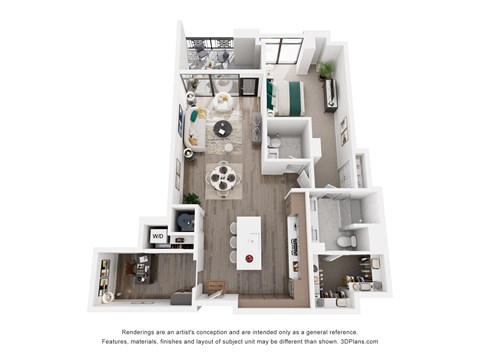 Floor plan for 1 bed, 1.5 baths, 1093 sqft